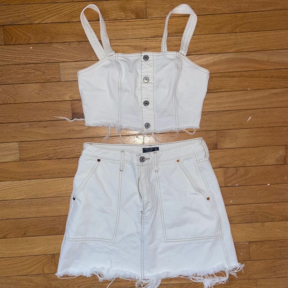 Abercrombie & Fitch White Denim Set, Skirt/Matching Top, Tan Seams